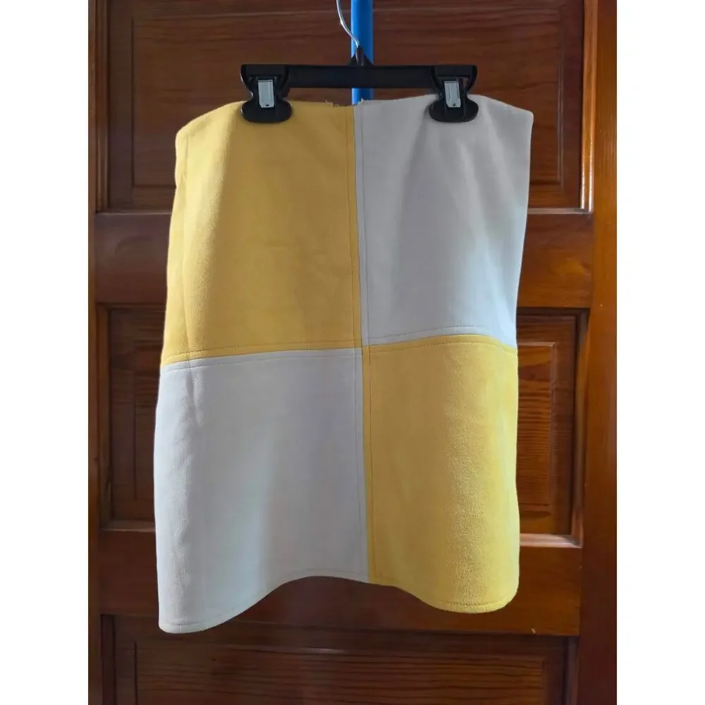 Fashion on Earth Mini Skirt S Yellow Cream Colorblock Faux Suede Zip Front Mod